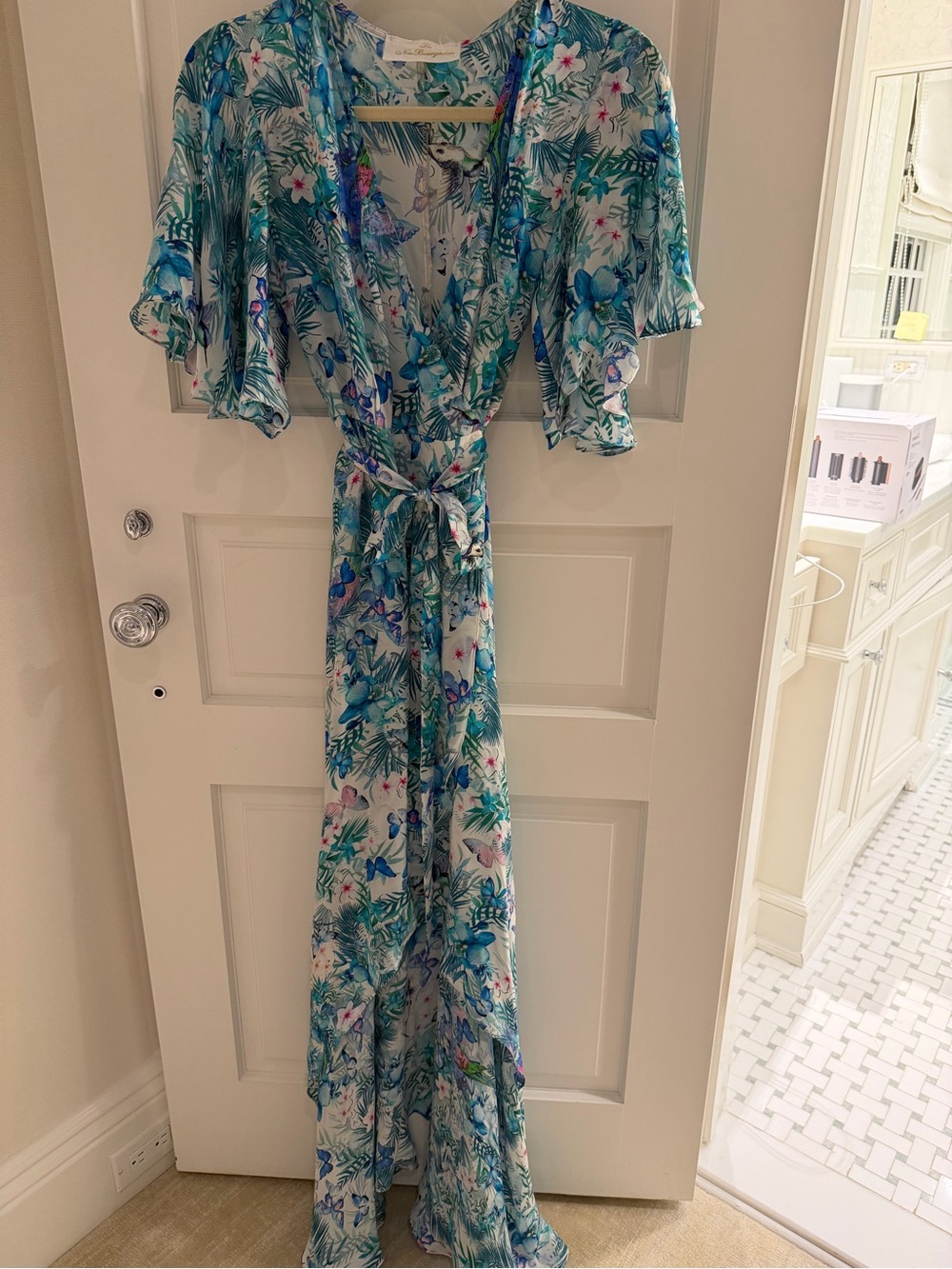 Turquoise & White Tropical Print Dress saint barth